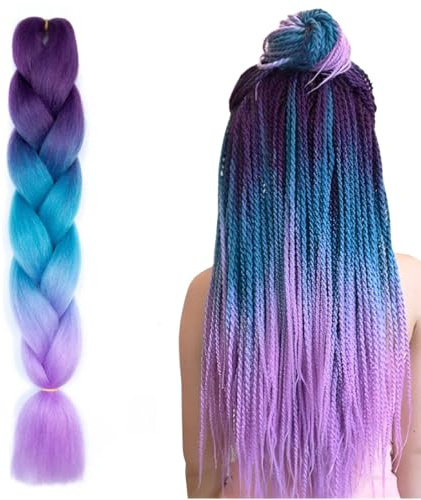 EIHI 1 Ciocche Treccine Extension Capelli Sintetici per Treccine Africane, Extension Capelli Colorati, Ciocche Colorate per Trecce, Jumbo Braiding Hair (Viola&Lago Blu&Viola chiaro)