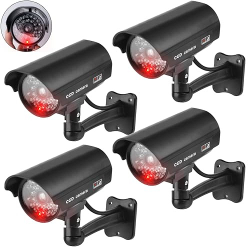 GOMETY 4 cámaras de vigilancia para exteriores, falsas cámaras con LED parpadeantes rojos, cámara de vigilancia falsa para exteriores CCTV, cámara de seguridad para interiores y exteriores (negro) (4)