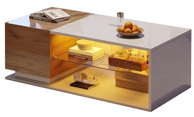 ComfortXL Table Basse LED Blanche 105x50x36 Cm, Haute Brillance avec Rangements Et Verre Trempé