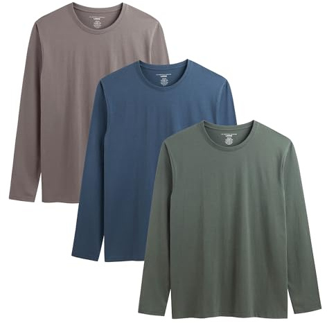 Mens Long Sleeve T-Shirts 3 Pack Multicoloured Breathable Shirts for Gents Comfortable Soft Hand Feel Long Tee Crew Neck 100% Cotton Top Size S-XXL (UK, Alpha, XL, Regular, Regular, Blue/Taupe/Khaki)