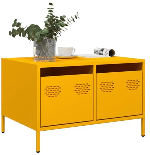 GeenYuu TV-Schrank Senfgelb 68x50x43,5 cm, Kaltgewalzter Stahl, Industrial Design, 2 Schubladen, Verstellbare Füße, Universal TV Stand Tisch