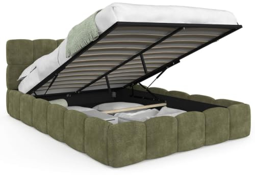 IDMarket - Lit Coffre Double Nuage 140 x 190 cm Tissu Chenille Vert Kaki | Avec tête de lit matelassée et sommier
