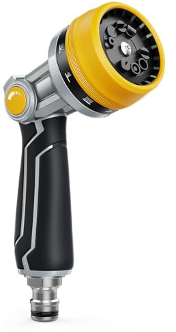RAINPOINT Hose Pipe Spray Gun, Heavy Duty Metal Garden Hose Spray Gun with 10 Patterns, High Pressure Hose Nozzle with Thumb Flow Control for Watering Plants, Lawns, Cars and Pets Washing, Yellow