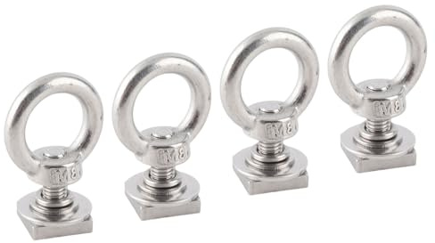 Ejoyous Ancre d'arrimage à Montage sur Rail en T, Boulon à œil Robuste en Acier Inoxydable, 4 Anneaux d'arrimage M8 avec écrous pour Galerie de Toit, Points 'Attache de Rail de Kayak (Silver)