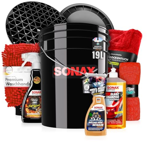 SONAX WaschEimer Autowasch Set 5GAL mit GlanzShampoo + FelgenBeast + BrilliantShine Detailer je 500ml + Schutzsieb + Waaschhandschuh + Tücher | Autopflege Handwäsche Felgenreinigung | 10-teilig