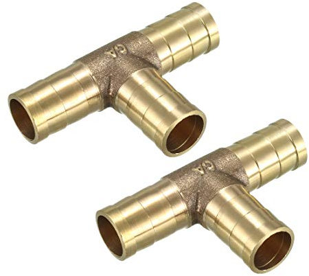 sourcing map 12mm Brass Tee Barb Hose Fitting T 3 Way Connector Joiner 2pcs