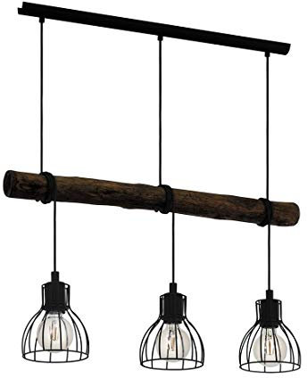 EGLO Pendelleuchte Horningtops, 3 flammige Hängelampe Vintage, Industrial, Retro, Hängeleuchte aus Stahl und Holz, Esstischlampe, Wohnzimmerlampe hängend in Schwarz, Dunkel-Braun, E27 Fassung
