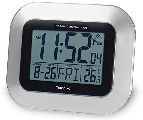 Youshiko Radio Controlled LCD Wall Mountable and Desk Clock (UK & Ireland Version) Jumbo LCD (Silver)
