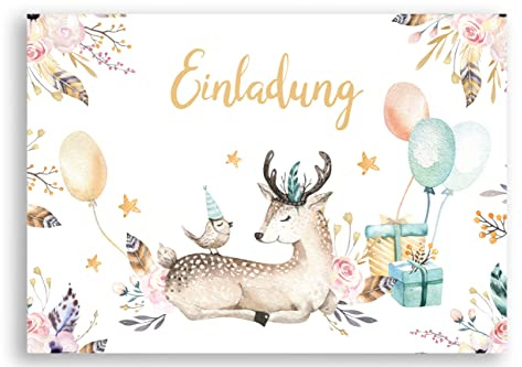 Friendly Fox 12 Aquarell Reh Einladung, 12 Einladungskarten zum Kindergeburtstag, DIN A6 Einladungskarten Kinder Waldtiere mit Umschlag