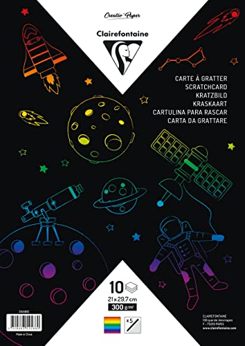 Clairefontaine 354588C - Packung mit 10 Blatt Kratzbild, DIN A4, 21x29,7cm, 300g, inkl. Holzstäbchen, Regenbogen, 1 Pack
