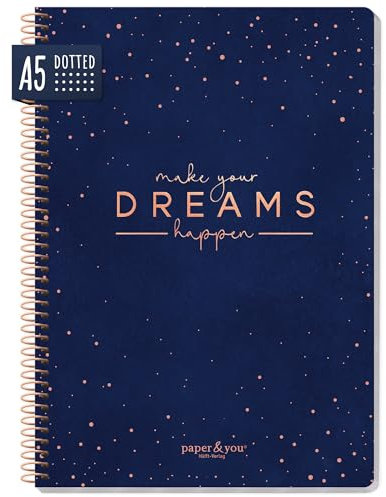 paper&you® dotted Journal A5 mit Spiralbindung Make your dreams happen 160 Seiten, Notizbuch gepunktet mit Spirale, College-Block, Spiral-Block, Notizblock - nachhaltig & klimafreundlich
