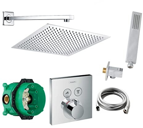 vanvilla Duschsystem Unterputz mit Duscharmatur Hansgrohe poliert HG02-XL | Duscharmatur von Hansgrohe Shower Select Thermostat Armatur und vanvilla Regendusche Duschkopf eckig, Dusch-SET poliert