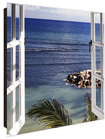 banjado Großer Schlüsselkasten Glas - Schlüsselbox 30x30cm mit 50 Haken - Schlüsselkasten modern für Schlüsselaufbewahrung mit beschreibbarer, magnetischer Glastür - Motiv Meer Urlaub
