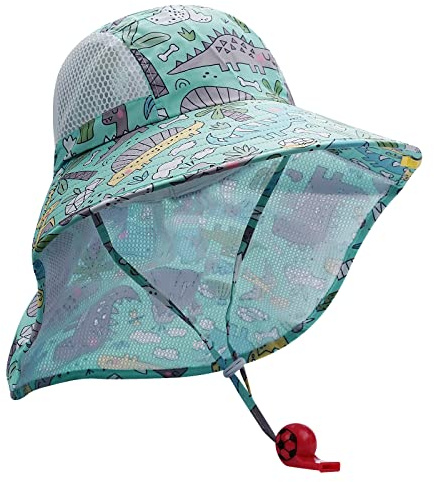 CLAPE Mesh solhatt barn brett brätte fiskarhatt nät sommarhatt flicka pojke UV-skydd strandhatt för 3–10 år topphatt med nackskydd, BAY02-sjö blå dinosaurie, En Storlek