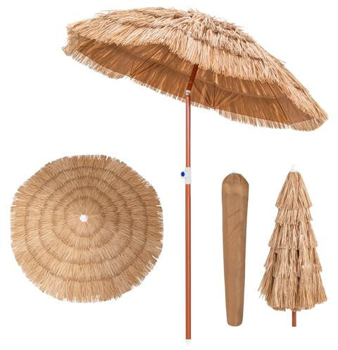 KOMFOTTEU 2M Sonnenschirm Hawaii, Strandschirm knickbar, Balkonschirm höhenverstellbar, Strohschirm mit Tragetasche, Marktschirm für Garten, Strand, Outdoor
