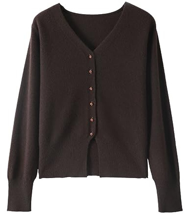 Valin SPR2308 - Cardigan da donna in cashmere con scollo a V, a maniche lunghe, in lana di cachemire, tinta unita, marrone, 48