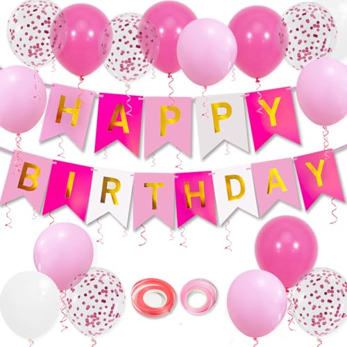 Pink Birthday Decorations, Happy Birthday Banner, 16 pcs 12 inch Balloons with 2 Ribbons for Girl and Women Birthday Party Decoration