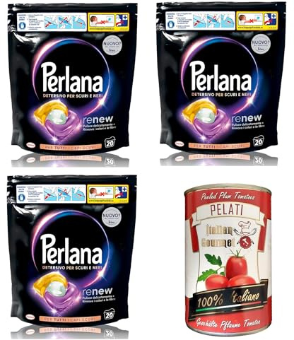 3x Perlana Renew Caps Black, Waschmaschinen-Waschmittelkapseln, neue 3in1-Formel, ideal für alle dunklen Kleidungsstücke, Packung mit 20 Wäschen+ Italian Gourmet pelati 400gr