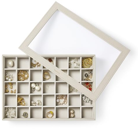 VEE&CO. Schmuckhalter, Organizer, Tablett, 35 Fächer mit Deckel, Rosa, stabiler Holzrahmen, Ohrring-Organizer, extra großer Platz für Ohrstecker, Ringe, Halsketten, Geschenk