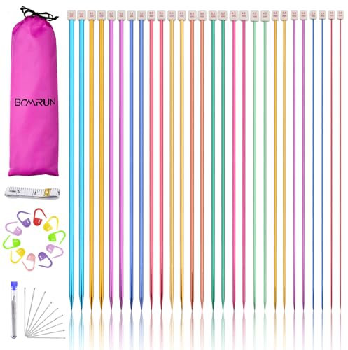 BCMRUN 28Pcs/14 Pairs Stainless Steel Knitting Needles Set, Colored Straight Single Pointed Metal Knitting Needles, 14 Size from 2.0mm-10.0mm, 9.8 Inches Length for Handmade DIY Knitting (25cm)