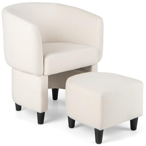 COSTWAY Sessel mit Fußhocker, Gepolsterter Samtsessel, Clubsessel Massivholz, Platzsparender Akzentsessel Relaxsessel für Wohnzimmer, Schlafzimmer, Büro(Beige)