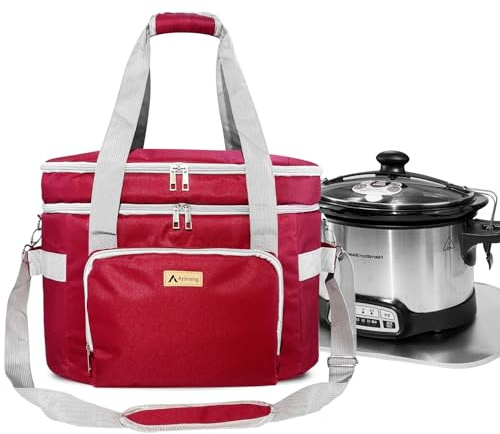 Arineng Double Layer Slow Cooker Carrier for 5-8 Quart Crock Pots - Insulated Travel Carrier with Fixators, Base Pad, and Shoulder Strap - Suitable for Small and Large Slow Cookers (Rose red)