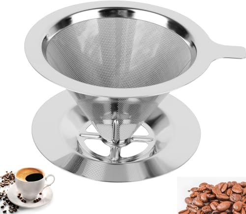 Konesky Coffee Dripper Reusable Filter,Filter Cup Stainless Steel Filter Holder Permanent Coffee Filter for Manual Brewing, Double Mesh Drip Coffee Filter