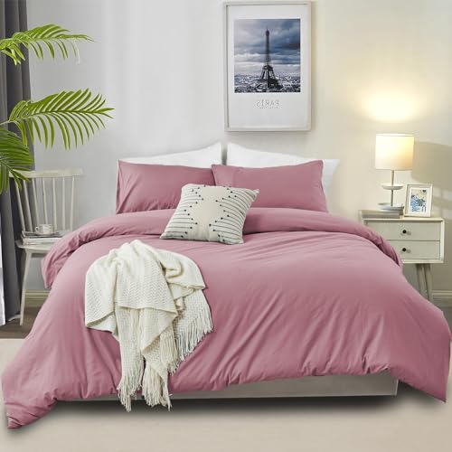 DXHOME Bettwäsche 135x200 Baumwolle Rosa Altrosa Uni Einfarbig Gewaschene Bettbezug Set Weiche Bettwäsche 2 Teilig für Einzelbett Bettbezug mit Reißverschluss + 1 Kissenbezug 80x80 cm