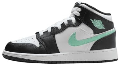Jordan Air 1 Mid Big Kids' Shoes Sneaker, Weiß/Grün, leuchtendes Schwarz, 36 EU