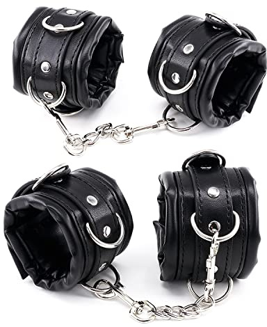 Frauen und Männer Gepolsterte Leder Sex Handschellen und Fußfesseln für Bondage Fesseln, Leder Sexspielzeug Bondage Manschetten, Bondage Set SM Handschellen (Schwarz, Handschellen+Fußschellen)
