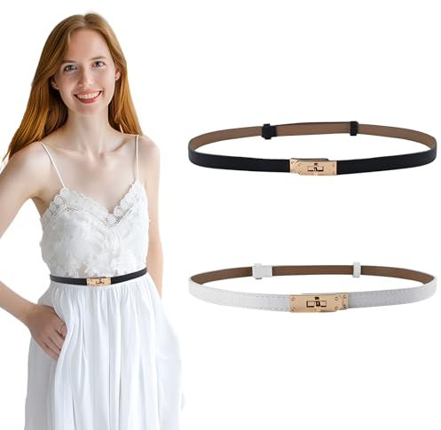 RAFIYU 2 Stuck Damen Skinny Ledergürtel, Taillengürtel Damen, Schmaler Dünner Gürtel, Verstellbarem mit Drehverschluss Ledergürtel, Klassisch Dekorativen Gürtel für Kleider Hosen (Schwarz & Weiß)