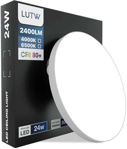 LUTW LED Deckenleuchte Flach Rund, 24W Deckenlampe LED Kaltweiß 6500K, 2400LM IP44 Wasserfest LED Lampen Deckenlampen für Schlafzimmer Badezimmer Wohnzimmer Küche, Ø28CM