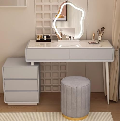 Schminktisch-Set mit abnehmbarem Spiegel und gepolstertem Hocker und Beistellschrank, Weiß, ideal für Mädchen und Frauen, modernes Design für Schlafzimmer oder Ankleidezimmer, Hellgrau, 120 x 40 x 75
