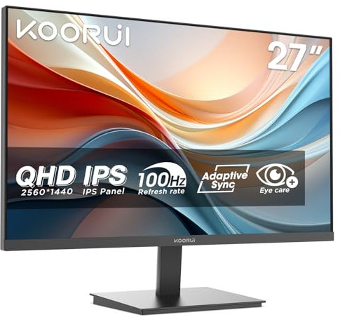 KOORUI E2721F 27 Inch QHD Monitor, Gaming 100Hz, IPS Computer Monitors, 1440P Pc Screen, Adaptive Sync, 1ms MPRT, VESA 100x100mm, Eye Care, HDMI, DisplayPort