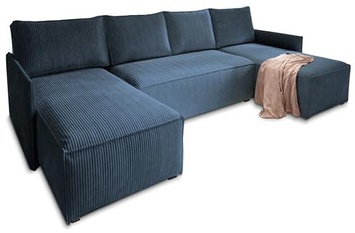 Masseno Ecksofa TRES mit Schlaffunktion U-Form, Sofa mit Bettkasten, Wohnzimmersofa, Couch, Soffa, Bettsofa, Couchgarnitur- Blau, POSO 05