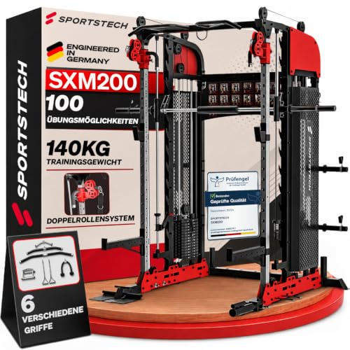 Sportstech SXM200 Smith Machine für Zuhause, Power Rack mit Kabelzug, Klimmzug, Langhantelstange, Bench Press, Multipresse, 140kg Trainingsgewicht, Kraftstation inkl. Griffe, Multifunktional, Home Gym