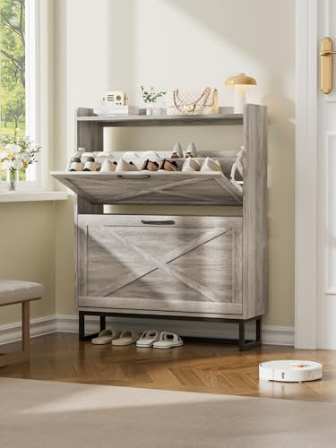 Shoe Storage Cabinet 80cm Wide For Hallway, Wooden Shoe Rack Cabinet with 2 Drawer Fold in Vintage Style for Entryway Living Room（Grey）