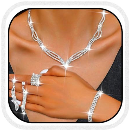 Unicra Silber Hochzeit Schmuck Sets Strass Braut Halskette und Ohrringe Armband Ring Set Prom Formal Modeschmuck Set für Frauen und Bräute (Silber, One Size)