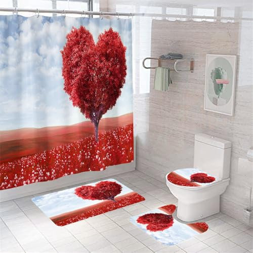 Badezimmerteppich Rotes Herz Badteppich rutschfest Waschbar Badgarnitur 3 Teilig – Badematte Set Mit Wc-Vorleger Und Badematte,Teppich Badezimmer Für Sicherheit Und Komfort Im Bad 45X75Cm