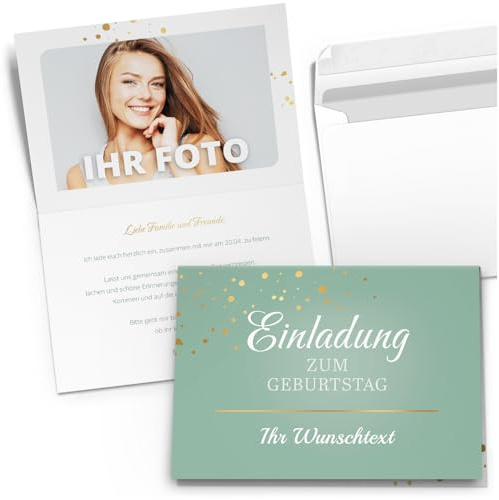10 personalisierte Einladungskarten zum Geburtstag mit Umschlag | Individuelle Klappkarten Einladung Wunschtext und Foto Geburtstags-Feier edel modern blau türkis Konfetti Gold Look