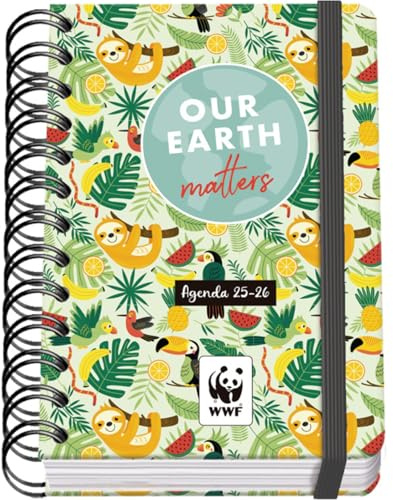 Dohe - Agenda Scolaire 2025 2026 - Page Par Jour, Taille A6 (12x17 cm), Espagnol et Anglais, Fermeture à Spirale Double et Élastique, Couverture Rigide, 4 Pages d'Autocollants - WWF Tropic