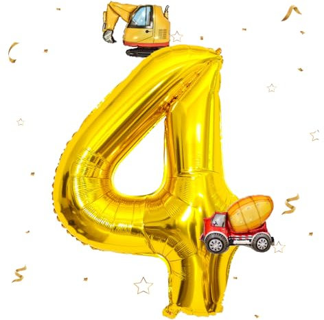 DazzJoy Bagger Luftballon 4. Geburtstag,40 Zoll Gold Zahlenballon 4 mit Bagger Folienballon,Baggere Geburtstag Deko 4 Jahre Junge, Baggere Deko Zahlen 4 Ballon, Baustellen Party Kindergeburtstag Deko