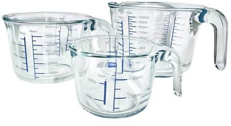 Lncfype 3-teiliges Messbecher-Set aus Glas (250ml/500ml/1000ml) – Präzise Skala in ml & Gramm – 5mm starkes Glas, Für Backen, Kochen & Shakes