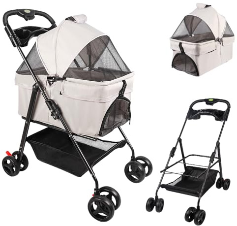 Poussette buggy pliable animaux chariot pliante chien chat porte-gobelet panier de rangement inclus roues,Respirant, facile à ranger et à transporter-a,50 * 65 * 99cm - Gris