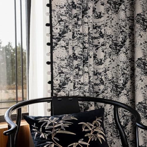 Mesnt Thermo Gardinen Hitzeschutz, Grau Schwarz 86x183cm Samtkugel mit Jacquardmuster und schwarzer Umrandung Vorhang Blickdicht Thermovorhang Kälteschutz für Wohnzimmer Schlafzimmer, Ösen