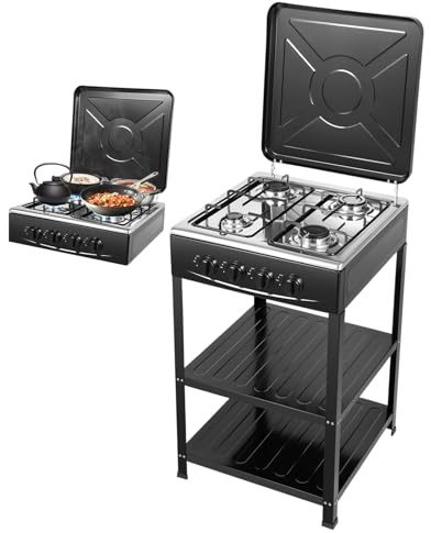 Countertop Natural Gas Stove 4 Burner, Kitchen Cooking Stove Set with Adjustable Fire Control & Cover, Free Standing 2-Tier Storage Rack for Apartments, Outdoor, Rvs
