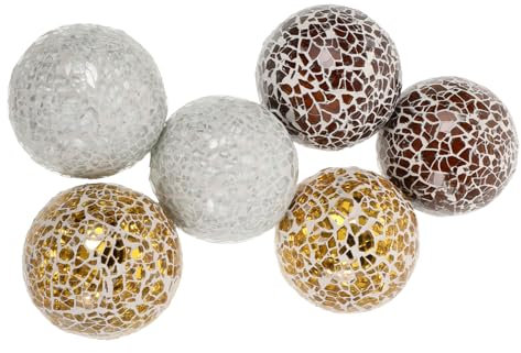 Gatuida 6pcs Glass Decorative Spheres 6cm Mosaic Glass Orbs Table Centerpiece Balls for Bowls Vases Home Wedding Party Decor Gold, Dark Khaki, White Colors