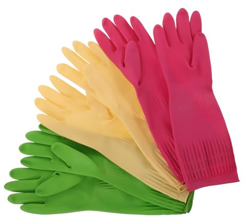 FRCOLOR 3 Pairs Heavy Duty Long Kitchen Gloves Reusable Latex Dishwashing Mittens with Non Slip Textured Grip Extended Cuff Splash Resistant Household Cleaning Gloves for Washing Dishes