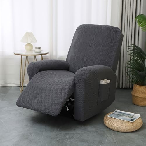 Chickwin Funda Sillon Relax Reclinable 1/2/3/4 Plaza, Jacquard Relax Reclinable con Bolsillos Laterales, Color Sólido Funda Sofa, Extraíbles y Lavables (Gris Oscuro,1 Plaza)