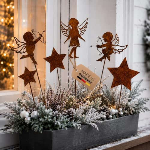Terma Stahldesign Rost Gartenstecker 6er Set Engel mit Sterne winterliche Gartendeko Metall Figuren Made in Germany Outdoor Weihnachtsdeko Winter Deko für Garten Beet Terrasse Balkon